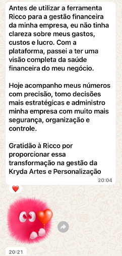 Print de conversa no WhatsApp com o depoimento de Christiane Ribeiro sobre o Ricco