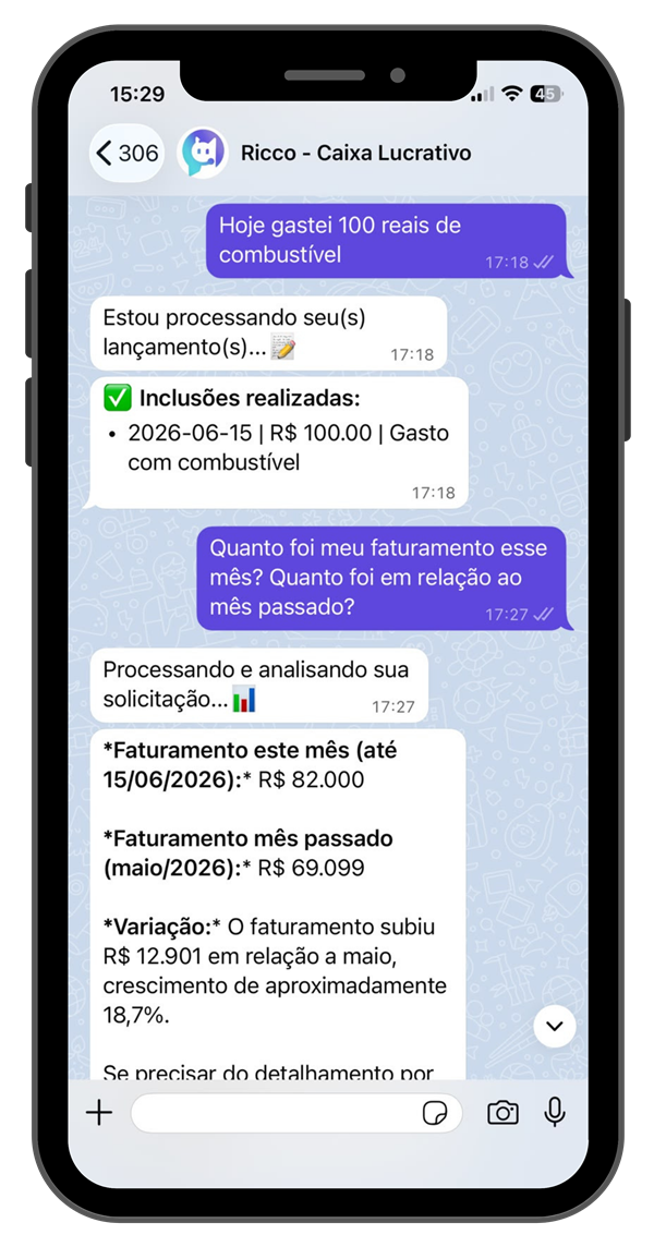 Conversa no WhatsApp com o Ricco registrando um gasto e consultando o faturamento